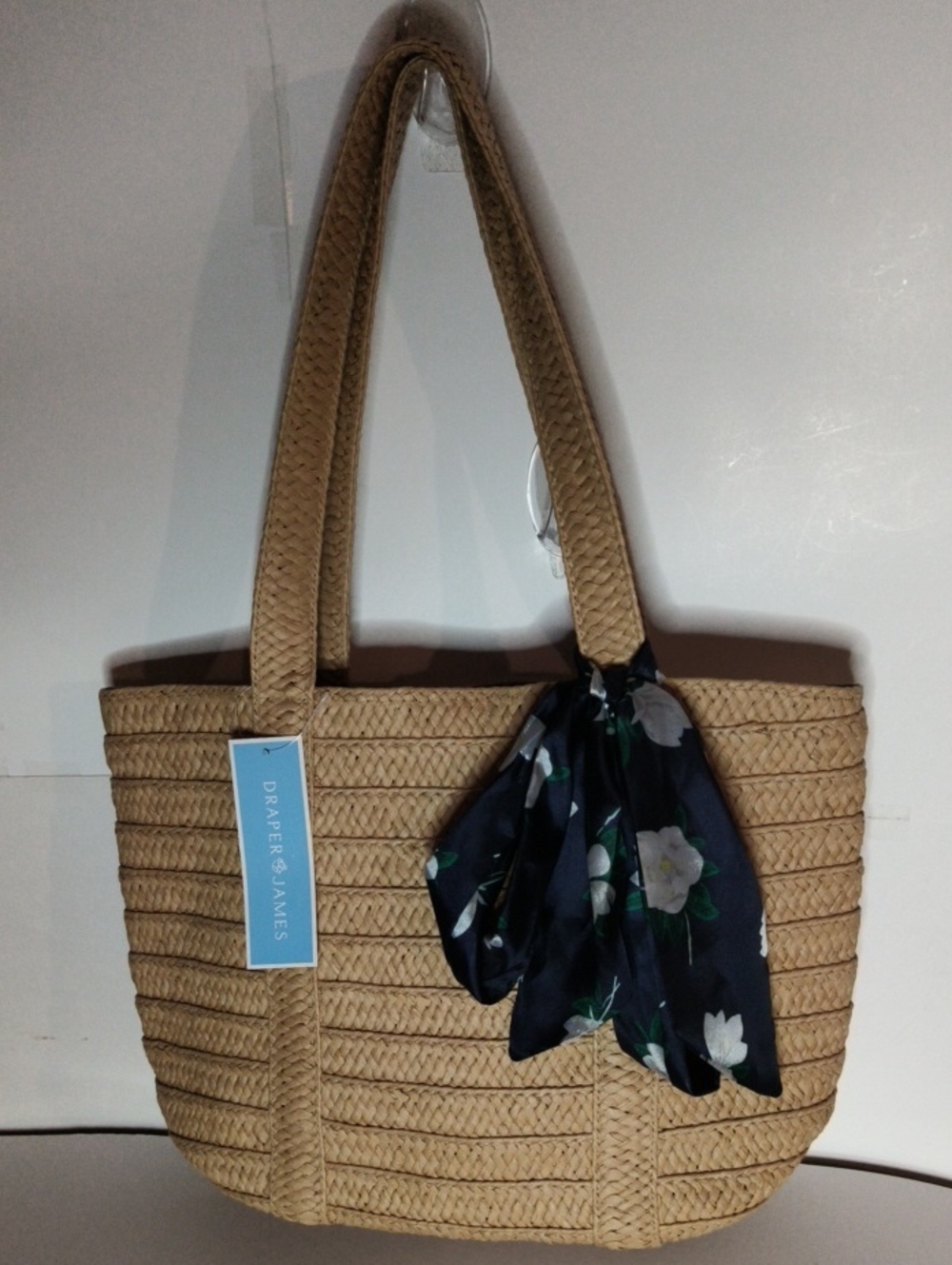 NWT Draper James Everyday Straw Tote Bag with Navy Floral Scarf Accent 15" X 10"